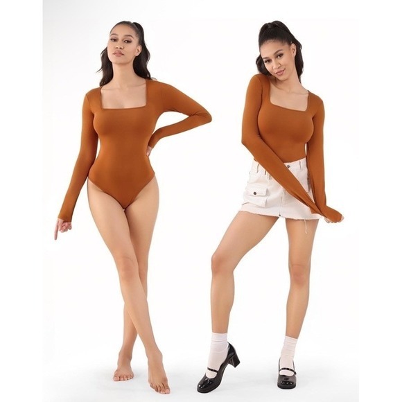 Mangopop Tops - MANGOPOP‎ Women XL Brown Square Neck Long Sleeve Snap Crotch Bodysuit Neutral